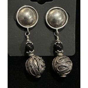 Vintage Bali Granulated 925 Sterling Silver Beaded Onyx  Dangle Drop Earrings